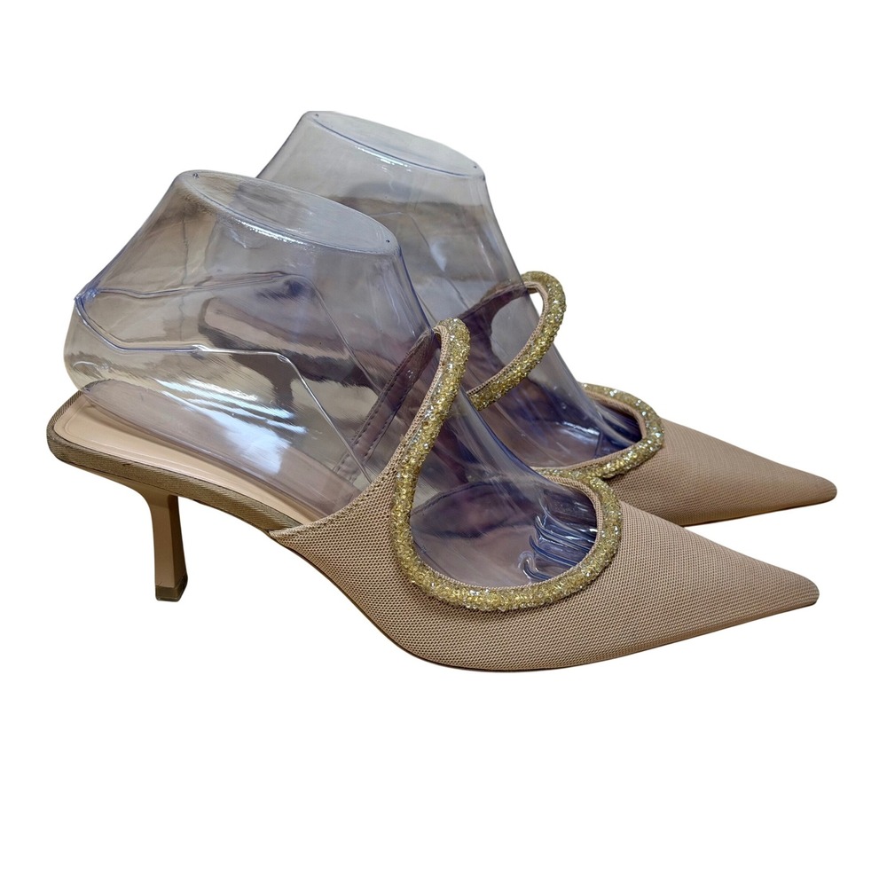Zara Beige Mesh Pointed Toe Mule Heels Gold Rhinestone Strap Size 38